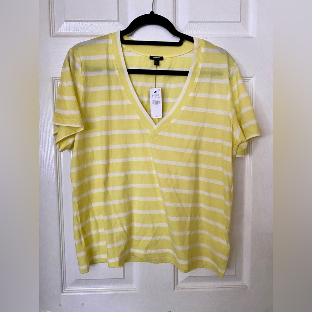 Express Yellow and White Striped V-Neck Tee